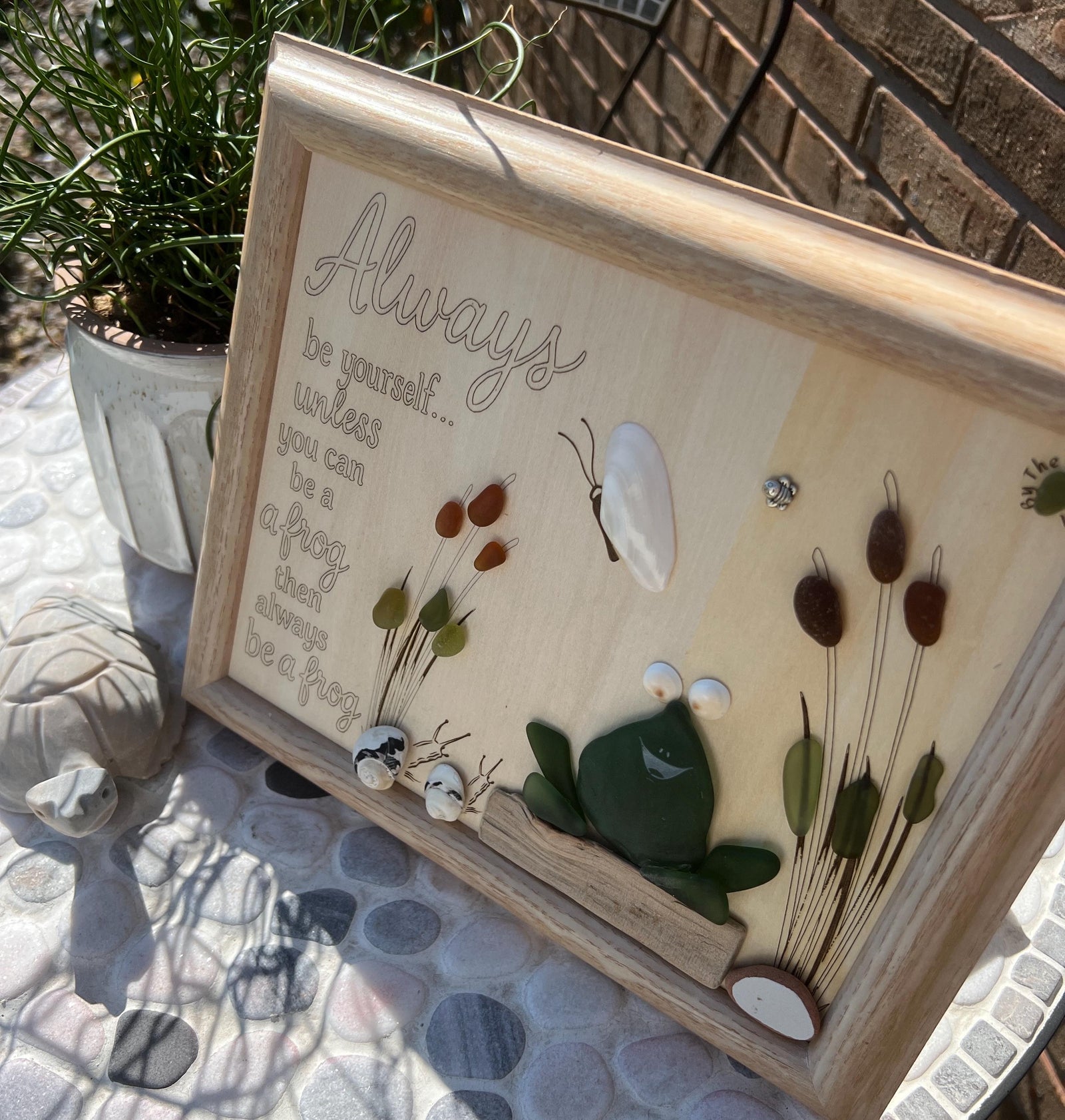 Sea Glass Frog Art – Whimsical Handmade Framed Wall Decor