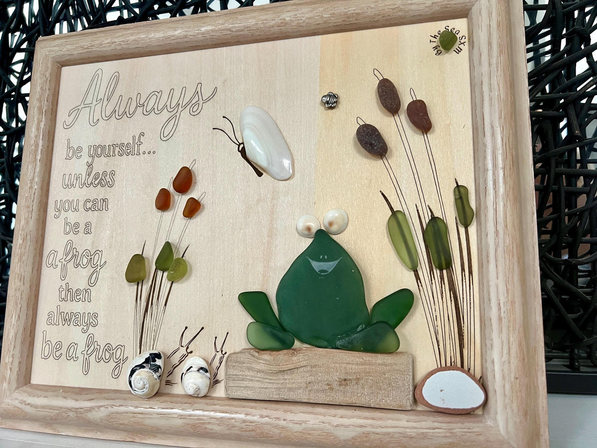 Sea Glass Frog Art – Whimsical Handmade Framed Wall Decor