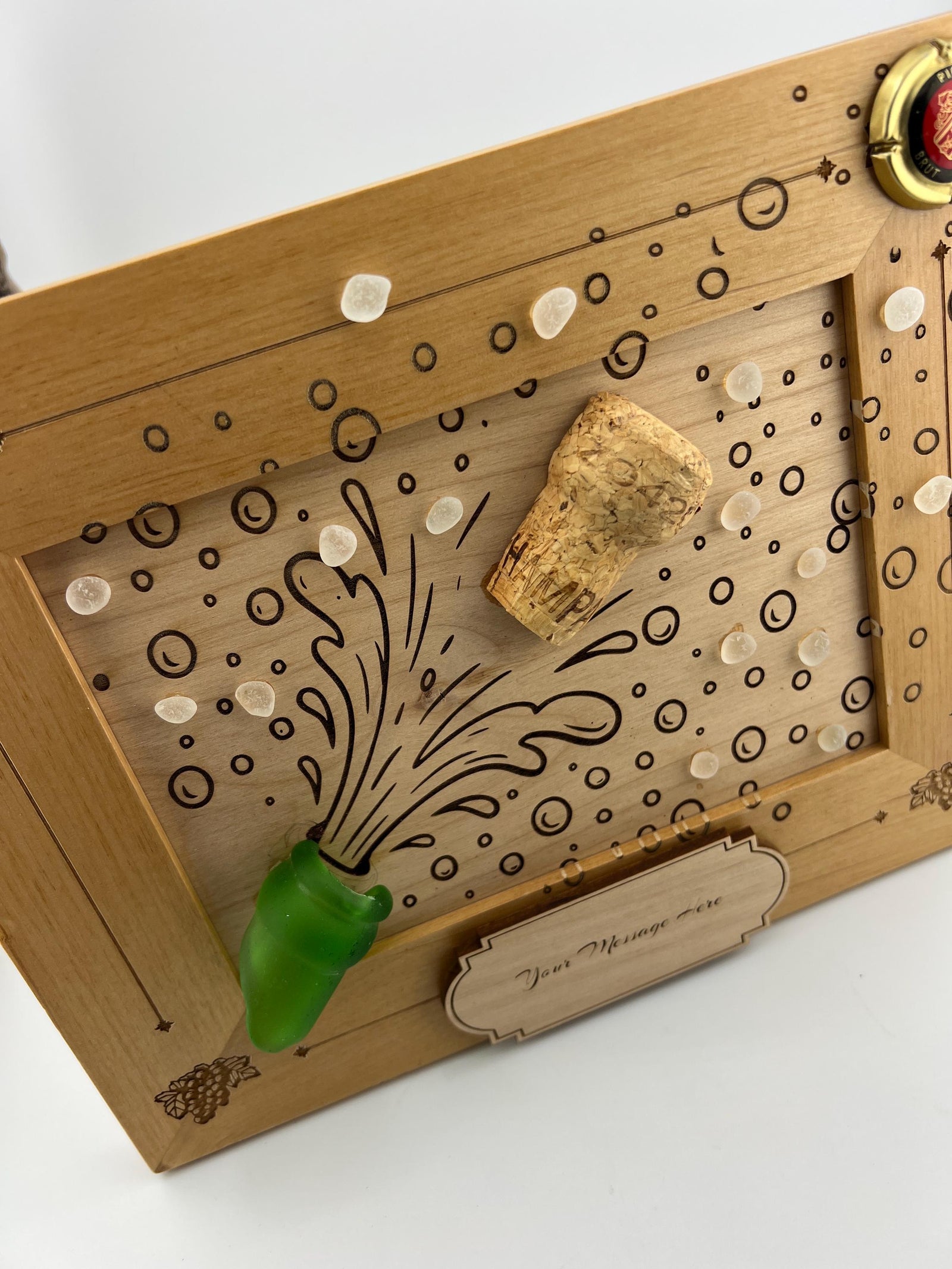 Personalized Champagne Cork Frame, Caribbean Sea Glass, Wedding Gift