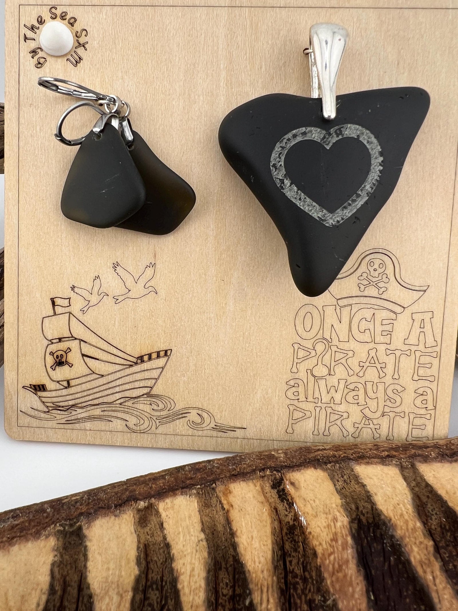 Rare Black Sea Glass Pirate Pendant & Earrings: Caribbean Treasure Gift Set