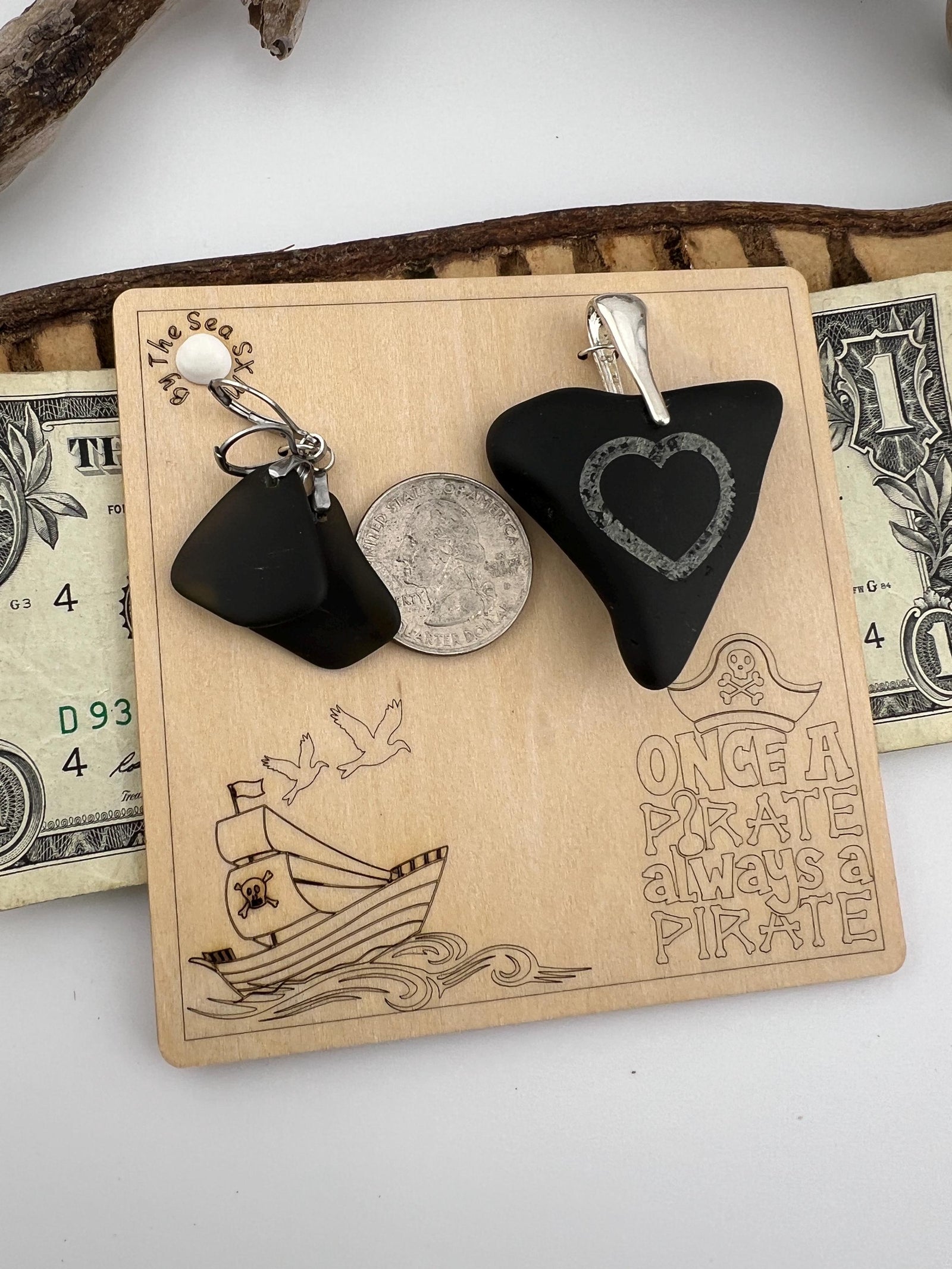 Rare Black Sea Glass Pirate Pendant & Earrings: Caribbean Treasure Gift Set