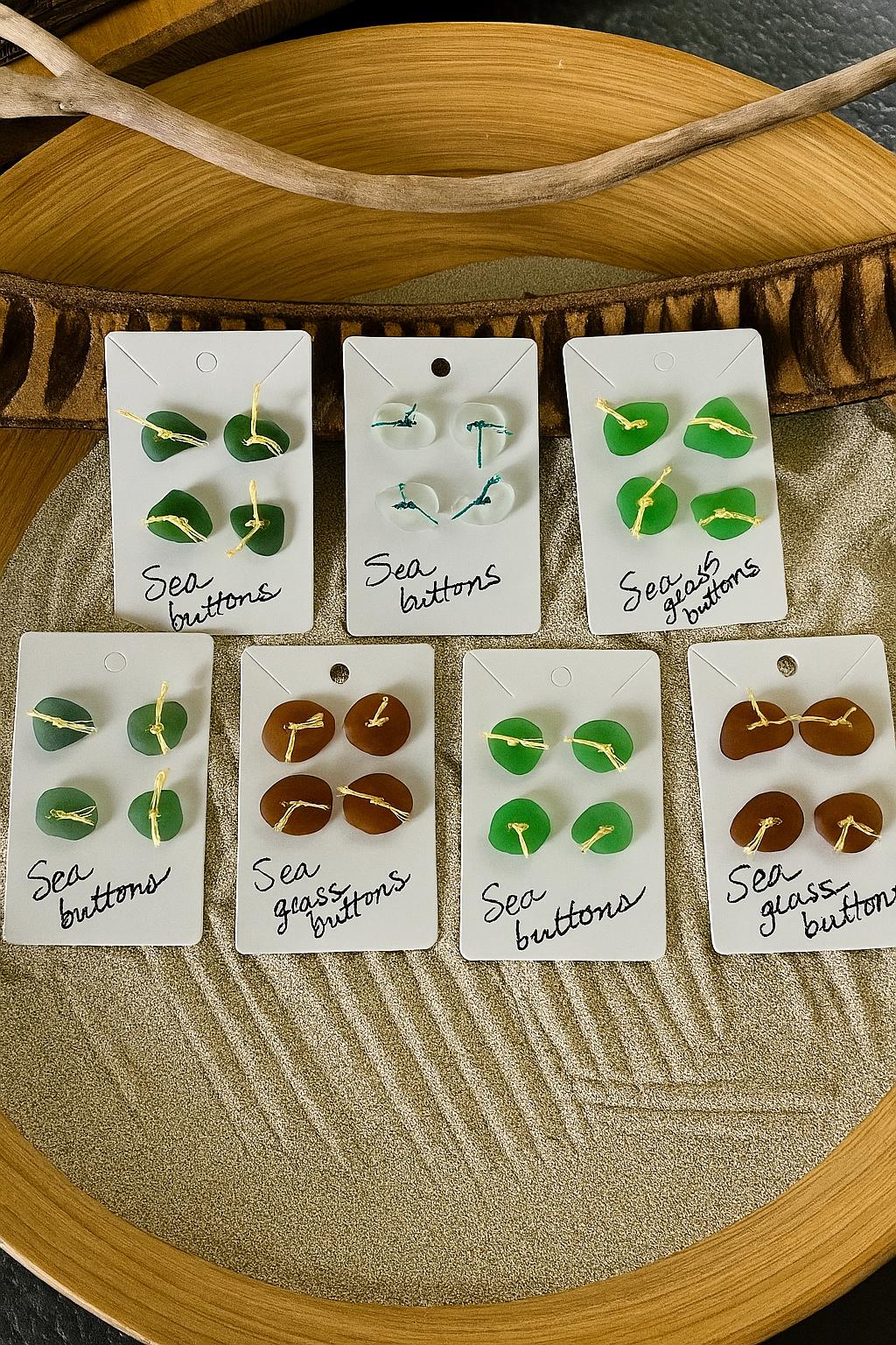 Caribbean Sea Glass Buttons, Hand Drilled Embellishments, Set of 4