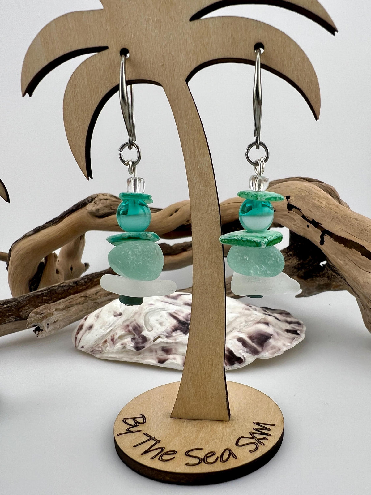 Mermaid Sea Glass Earrings with Palm Tree Holder, Caribbean Aqua Beach Glass Coastal Jewelry