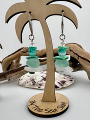 Mermaid Sea Glass Earrings with Palm Tree Holder, Caribbean Aqua Beach Glass Coastal Jewelry
