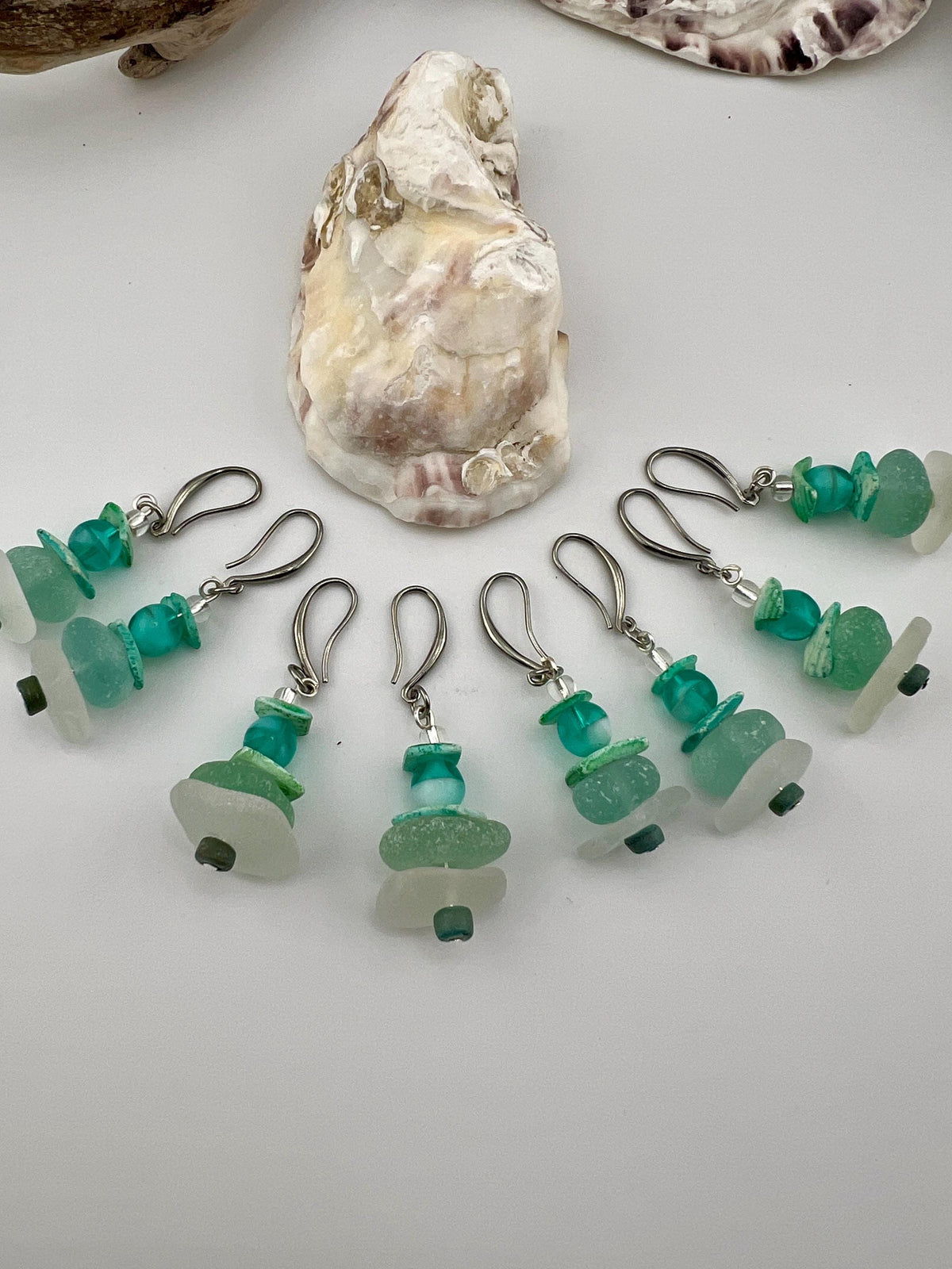 Mermaid Sea Glass Earrings with Palm Tree Holder, Caribbean Aqua Beach Glass Coastal Jewelry