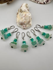 Mermaid Sea Glass Earrings with Palm Tree Holder, Caribbean Aqua Beach Glass Coastal Jewelry