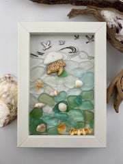 Sea Glass Mosaic Art – Sea Turtle, Framed Coastal Decor (4.5" x 6")
