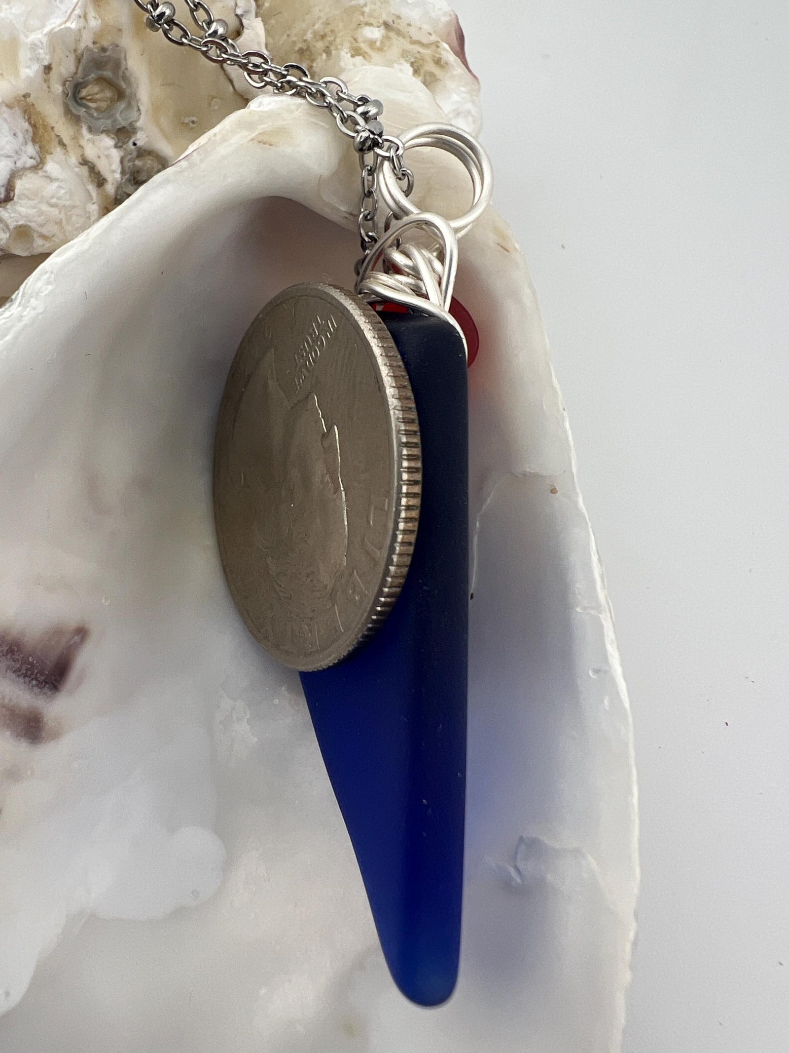 Cobalt Sea Glass Pendant – Caribbean Necklace with Red Glass Bead