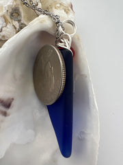 Cobalt Sea Glass Pendant – Caribbean Necklace with Red Glass Bead