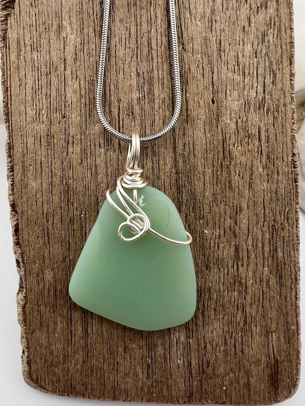 Rare Mint Milk Glass Sea Glass Necklace: Hand-Wrapped Caribbean Pendant