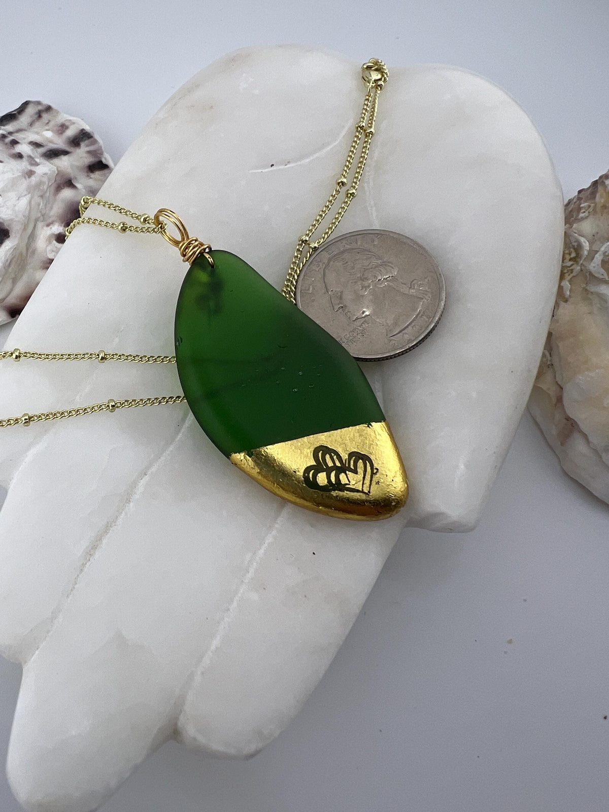 Kelly Green Sea Glass Pendant – Gold Leaf, Double Heart Necklace