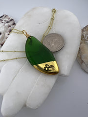 Kelly Green Sea Glass Pendant – Gold Leaf, Double Heart Necklace
