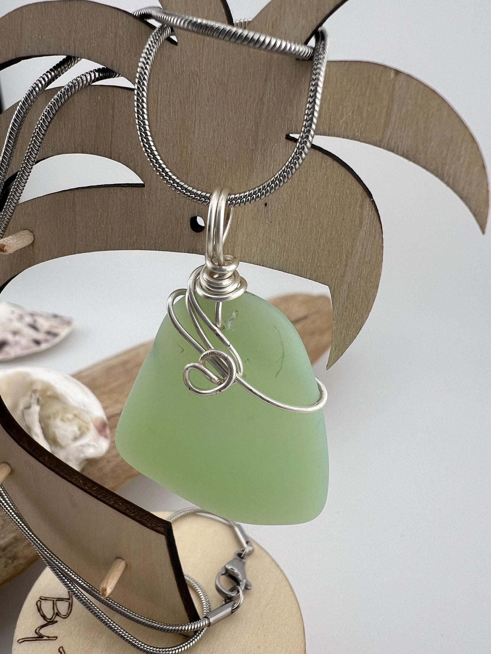Rare Mint Milk Glass Sea Glass Necklace: Hand-Wrapped Caribbean Pendant