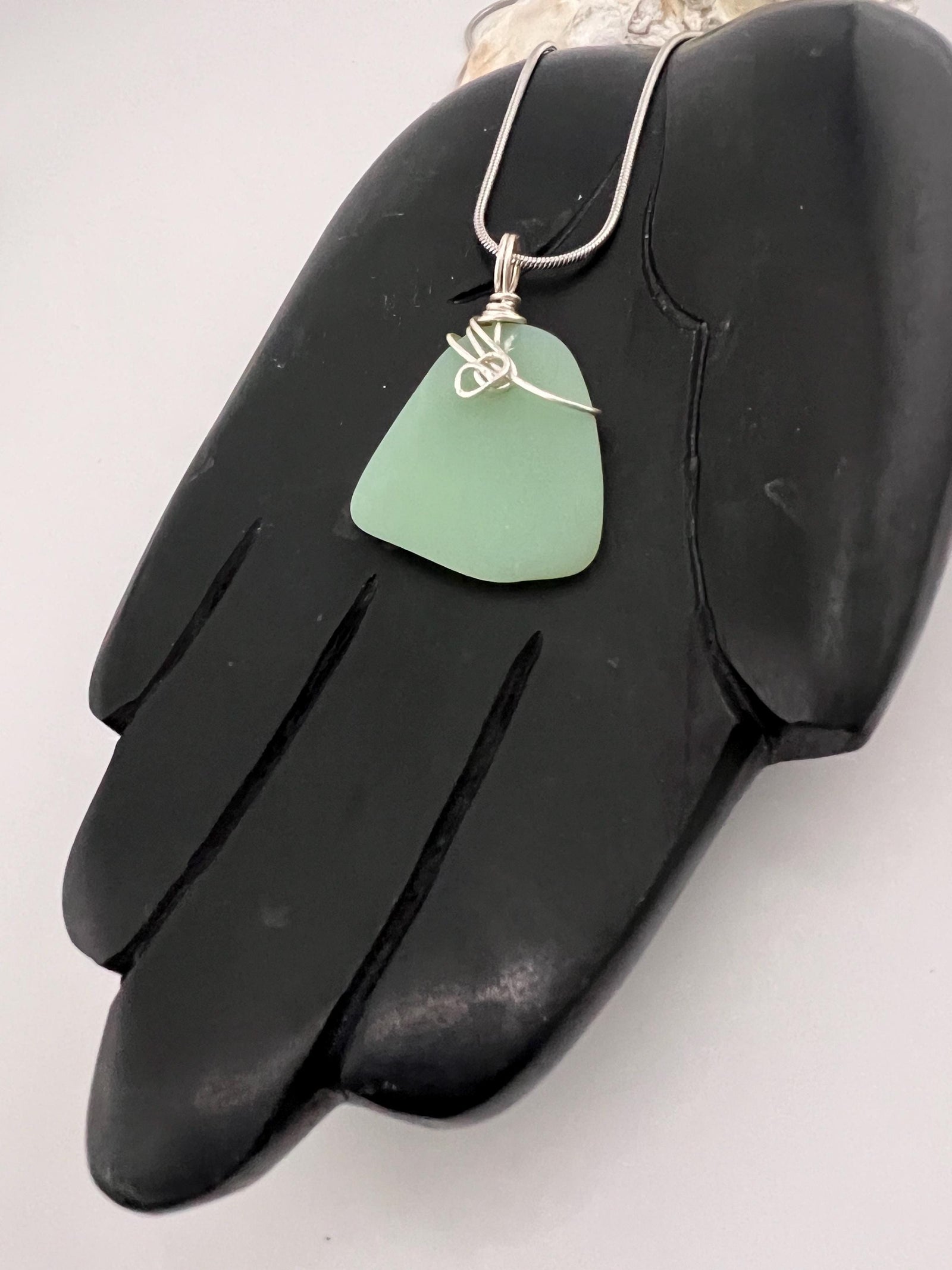 Rare Mint Milk Glass Sea Glass Necklace: Hand-Wrapped Caribbean Pendant