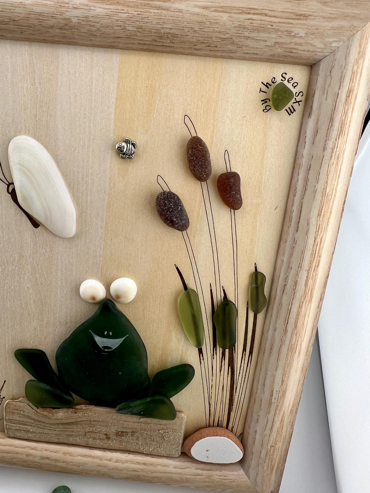 Sea Glass Frog Art – Whimsical Handmade Framed Wall Decor
