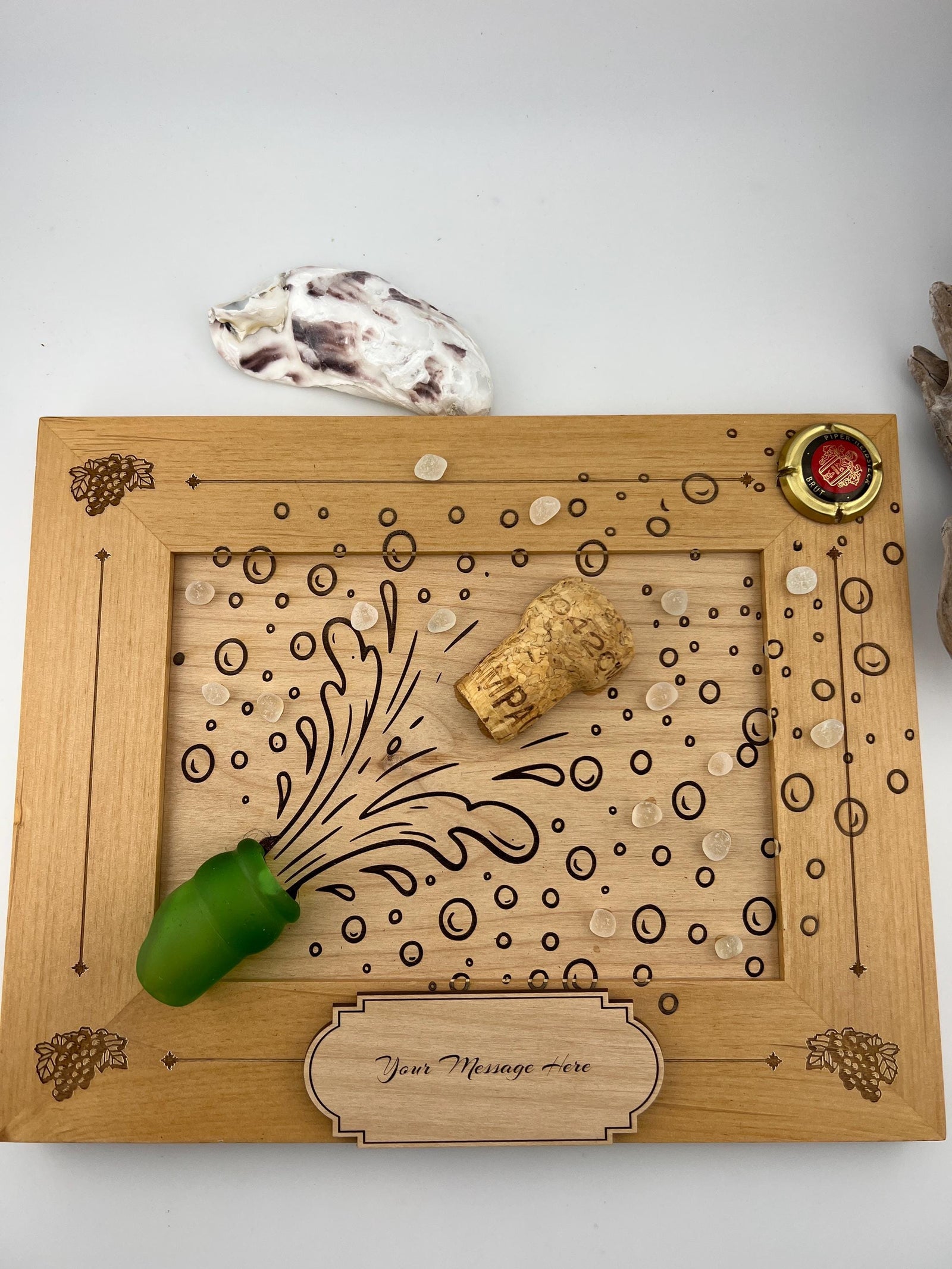 Personalized Champagne Cork Frame, Caribbean Sea Glass, Wedding Gift