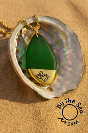 Kelly Green Sea Glass Pendant – Gold Leaf, Double Heart Necklace