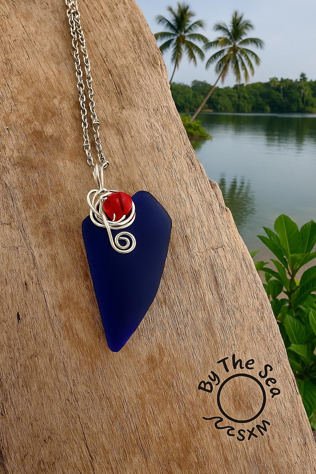 Cobalt Sea Glass Pendant – Caribbean Necklace with Red Glass Bead