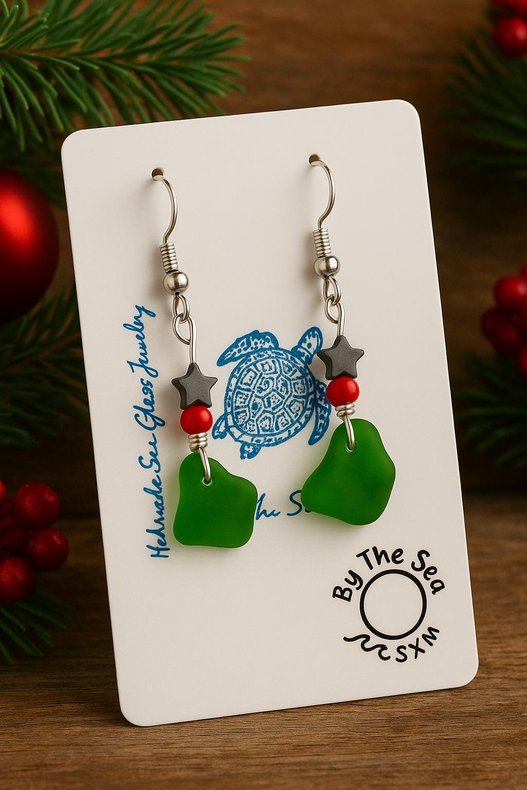 Green Sea Glass Christmas Earrings – Holiday Earrings, Caribbean Beach Jewelry Gift Christmas gift for friend (Under 20)