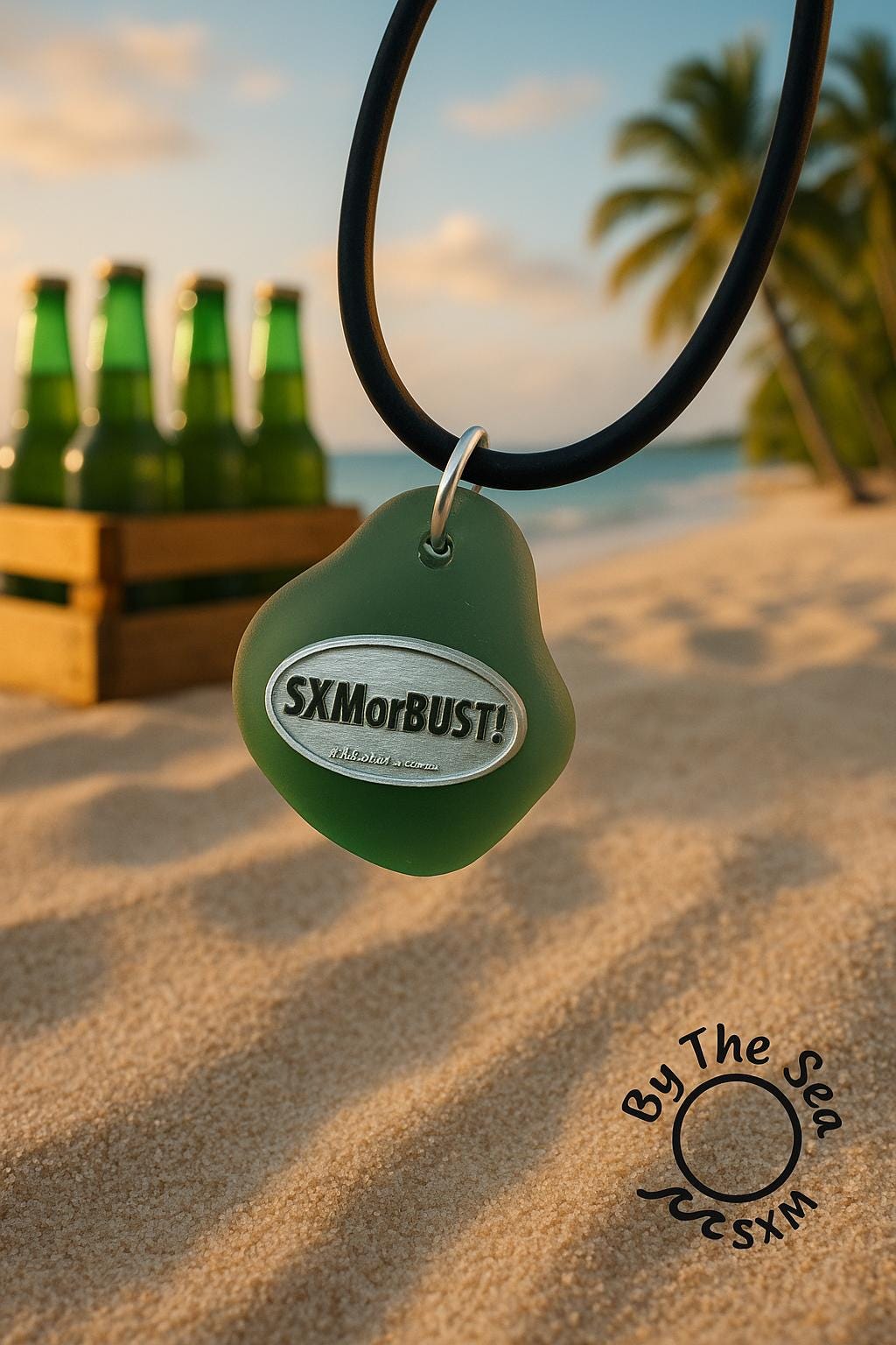 Engraved Sea Glass Pendant Necklace: SXMorBust Logo, Waterproof