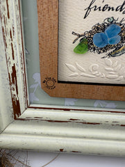 Framed Sea Glass Bird Art: Vintage Friendship Gift with Feather