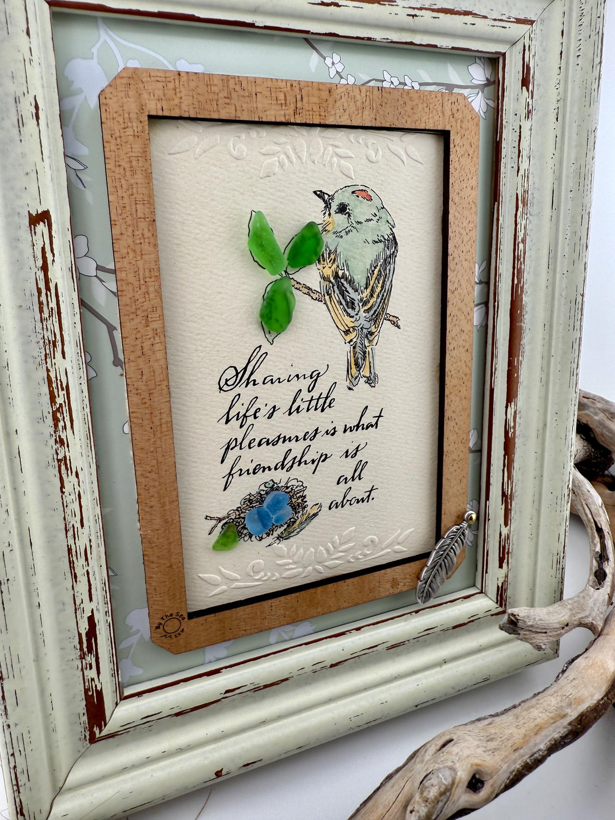 Framed Sea Glass Bird Art: Vintage Friendship Gift with Feather