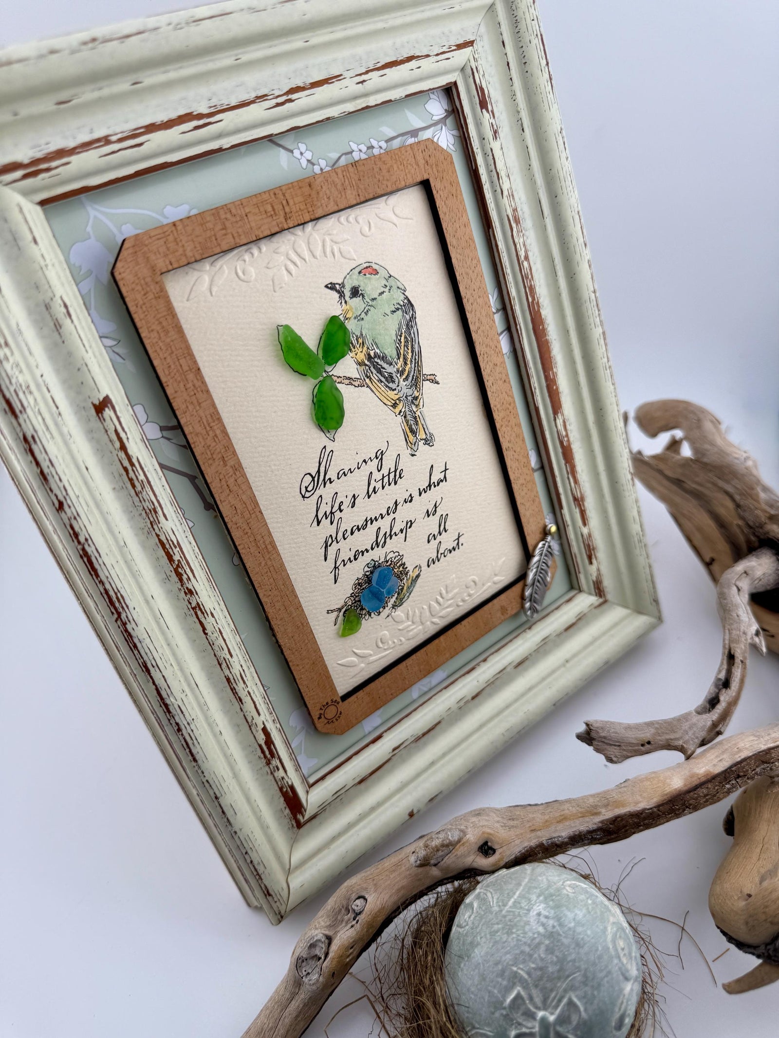 Framed Sea Glass Bird Art: Vintage Friendship Gift with Feather