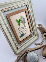 Framed Sea Glass Bird Art: Vintage Friendship Gift with Feather