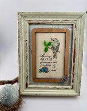 Framed Sea Glass Bird Art: Vintage Friendship Gift with Feather