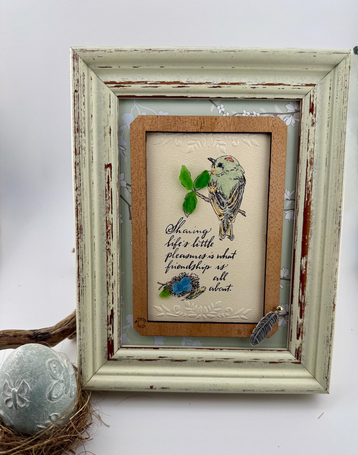 Framed Sea Glass Bird Art: Vintage Friendship Gift with Feather