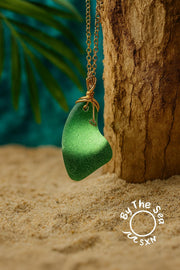 Caribbean Hunter Green Sea Glass Pendant: Gold Wire Wrapped, Stainless Steel Chain
