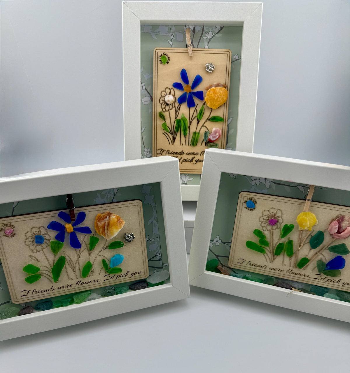 Genuine Sea Glass Friendship Flowers – Handmade Coastal Shadow Box Gift