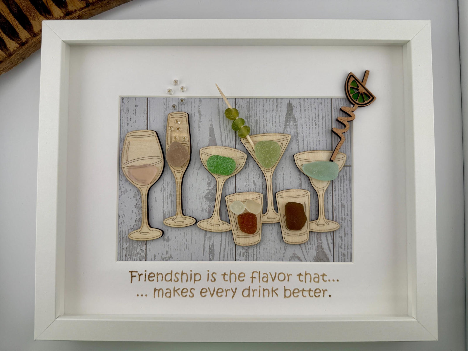 Coastal Cocktail Wall Art – Genuine Caribbean Sea Glass – Home Bar Decor – Friendship Gift – Handmade Coastal Decor