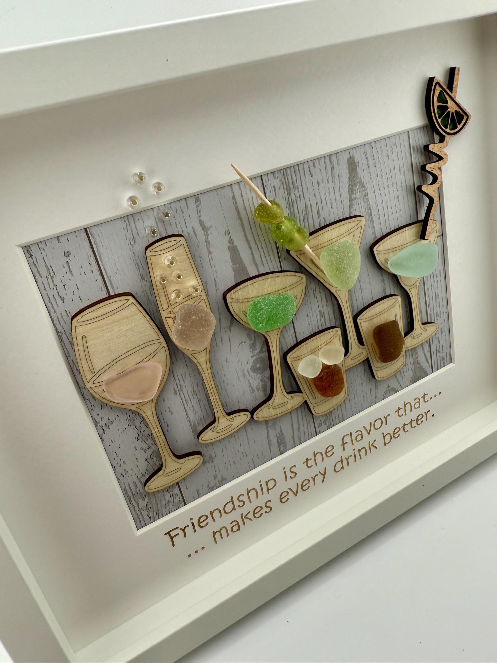 Coastal Cocktail Wall Art – Genuine Caribbean Sea Glass – Home Bar Decor – Friendship Gift – Handmade Coastal Decor
