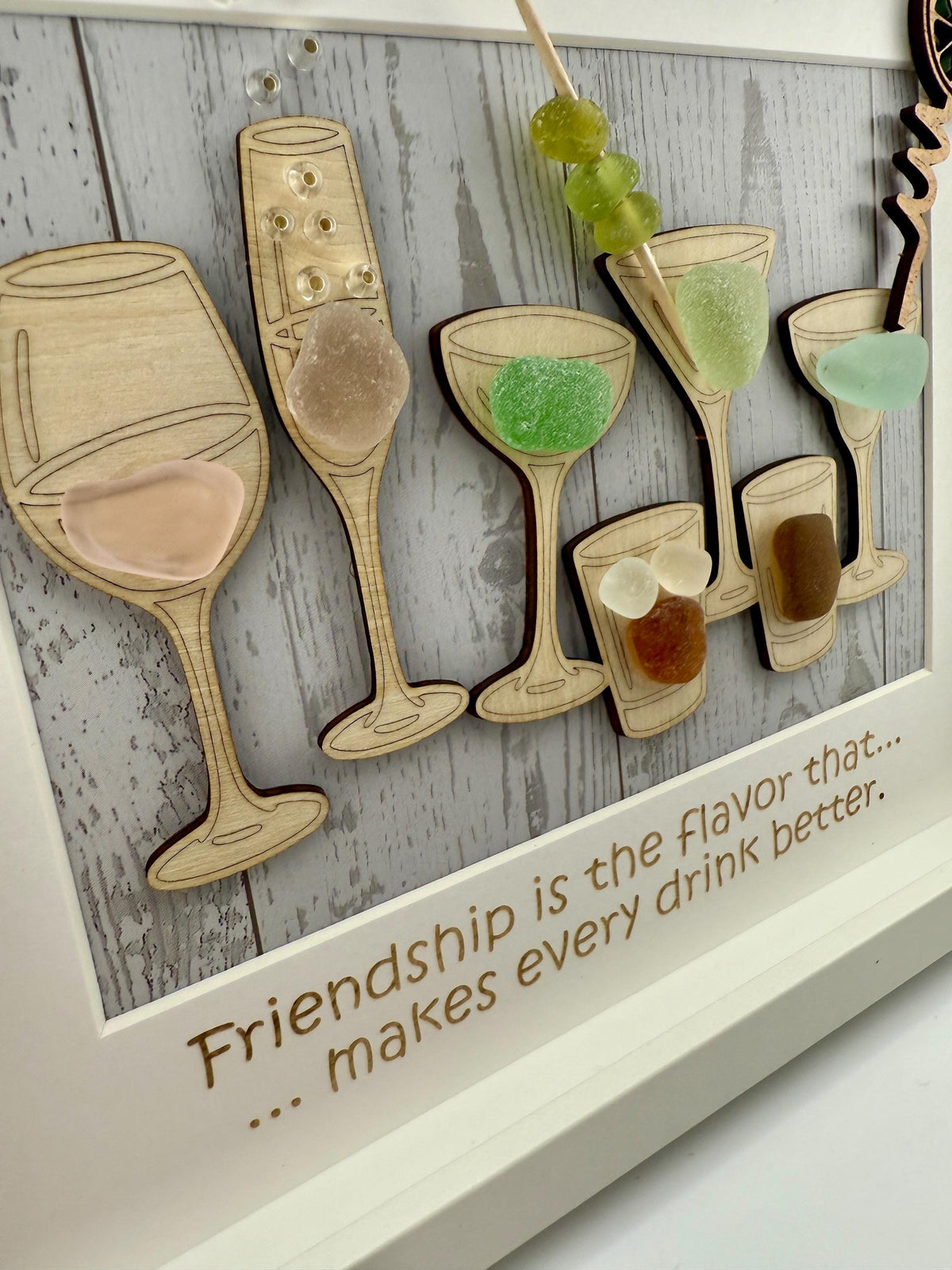 Coastal Cocktail Wall Art – Genuine Caribbean Sea Glass – Home Bar Decor – Friendship Gift – Handmade Coastal Decor