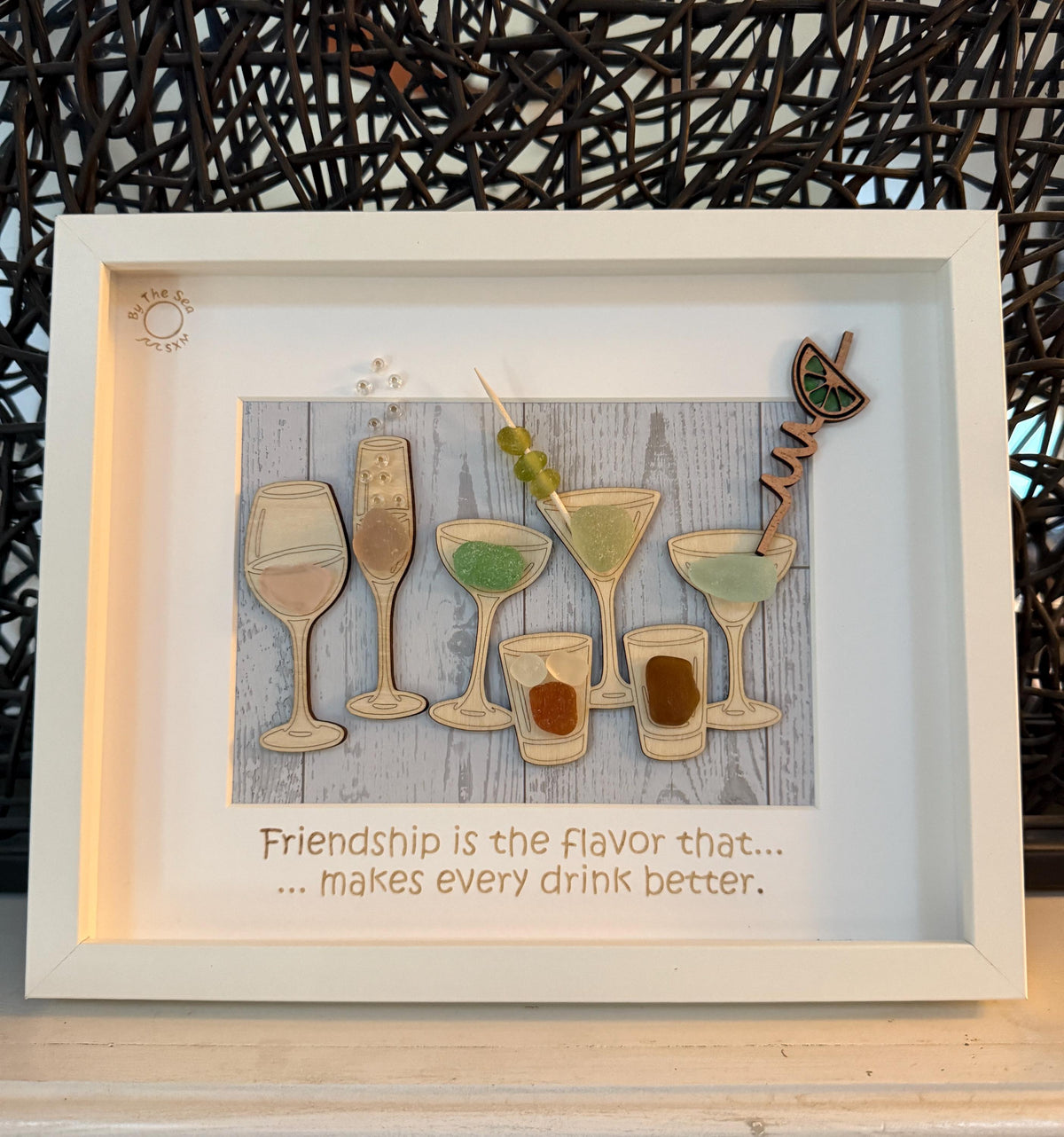 Coastal Cocktail Wall Art – Genuine Caribbean Sea Glass – Home Bar Decor – Friendship Gift – Handmade Coastal Decor
