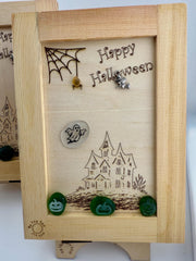 Halloween Haunted House Decor, Sea Glass Ghost Art, Spooky Tabletop Decor, Coastal Halloween, Handmade Sea Glass Pumpkin Art