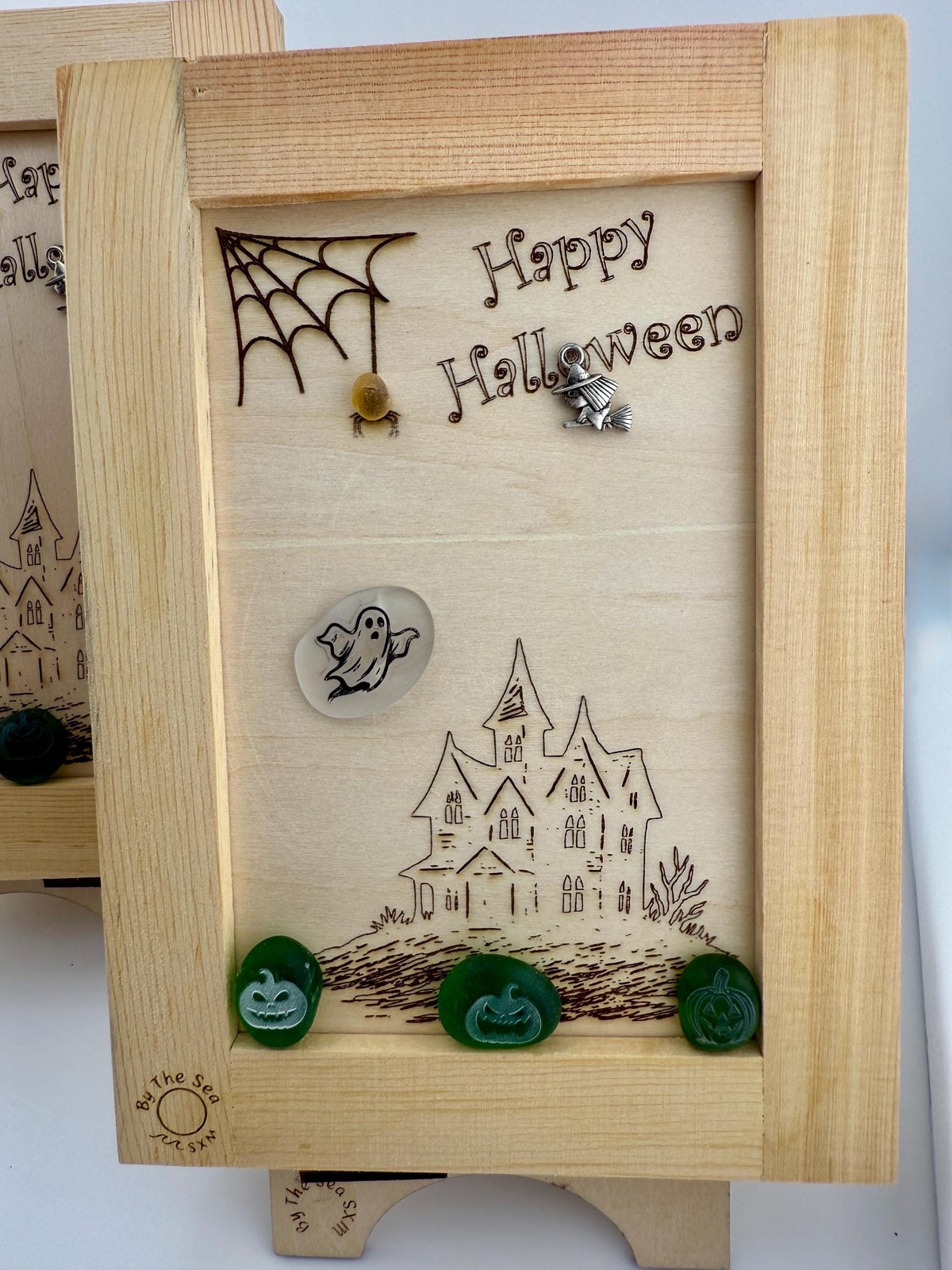 Halloween Haunted House Decor, Sea Glass Ghost Art, Spooky Tabletop Decor, Coastal Halloween, Handmade Sea Glass Pumpkin Art