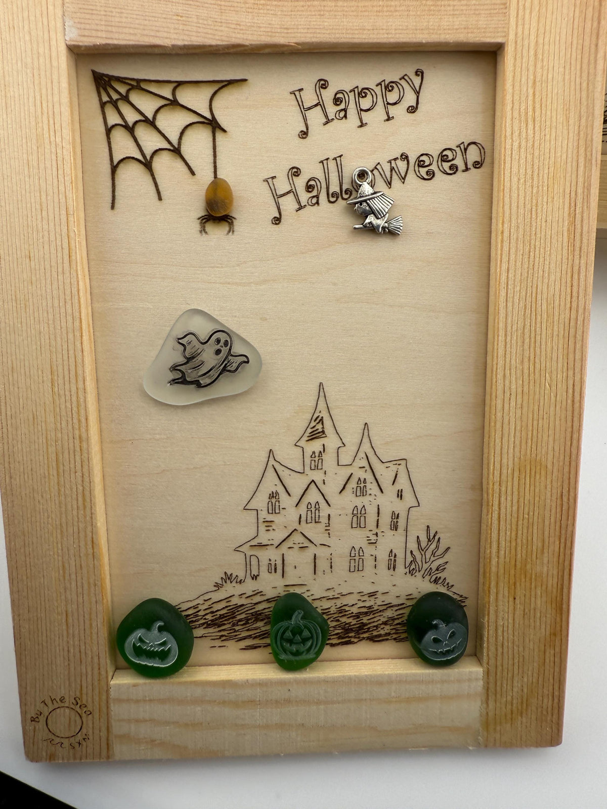 Halloween Haunted House Decor, Sea Glass Ghost Art, Spooky Tabletop Decor, Coastal Halloween, Handmade Sea Glass Pumpkin Art