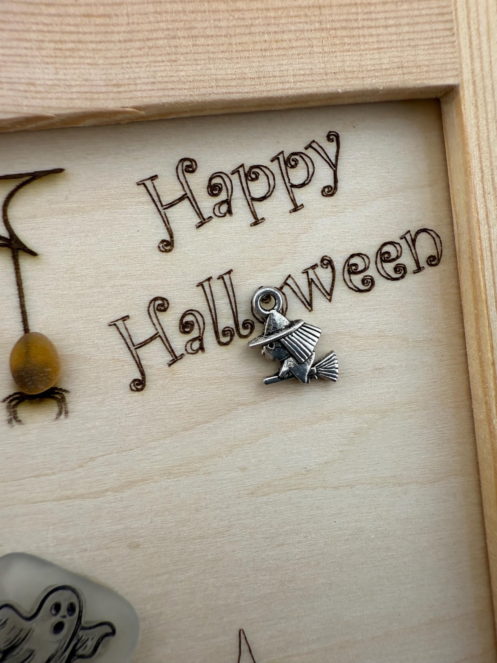 Halloween Haunted House Decor, Sea Glass Ghost Art, Spooky Tabletop Decor, Coastal Halloween, Handmade Sea Glass Pumpkin Art