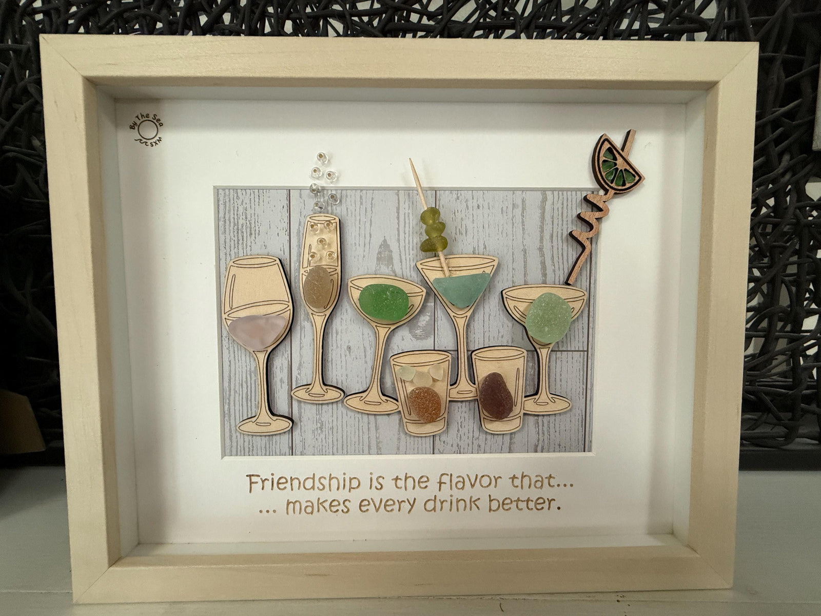 Coastal Cocktail Wall Art – Genuine Caribbean Sea Glass – Home Bar Decor – Friendship Gift – Handmade Coastal Decor
