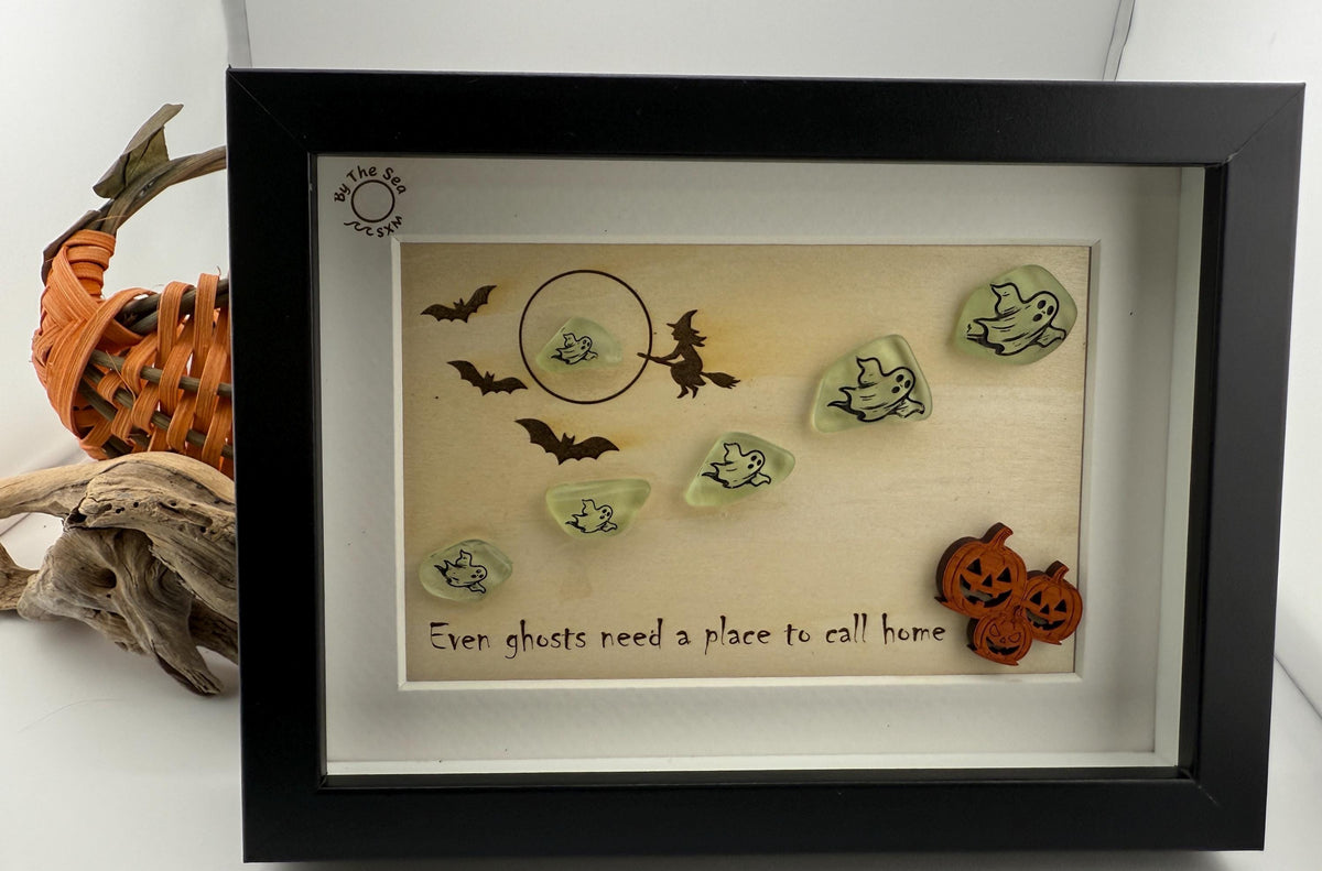 Halloween Sea Glass Ghost Decor, Glow in the Dark Ghost Shadow Box, Spooky Coastal Halloween Decor, Sea Glass Art