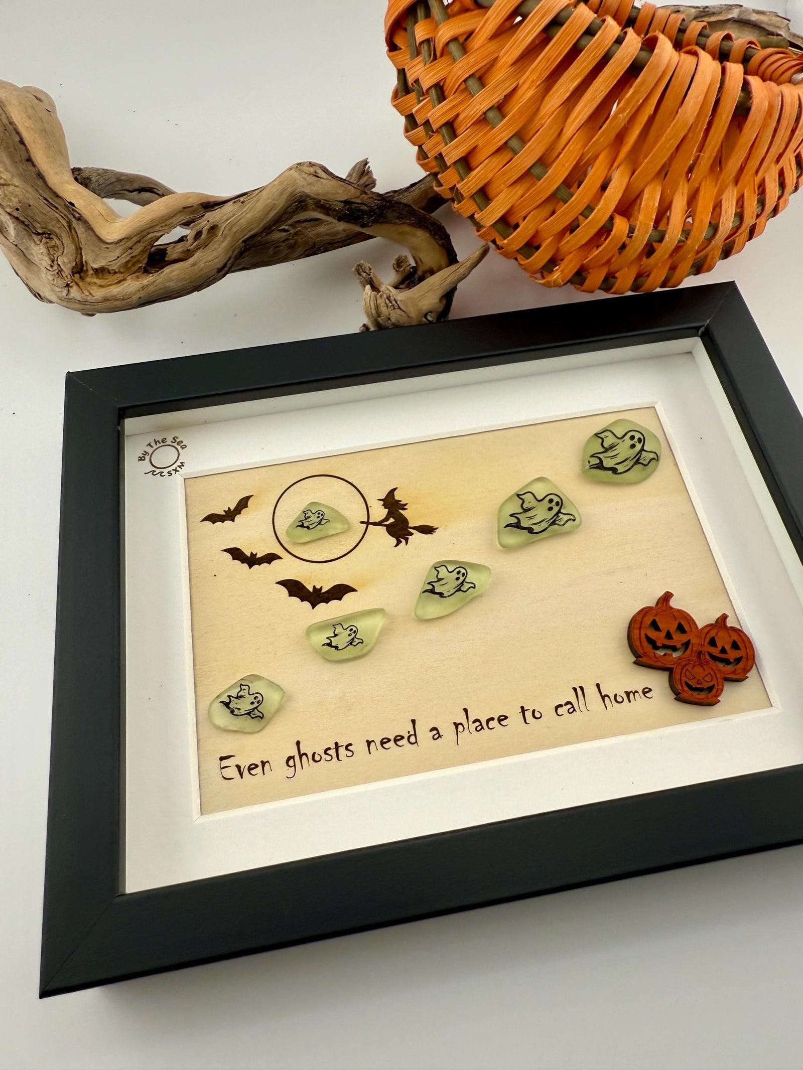Halloween Sea Glass Ghost Decor, Glow in the Dark Ghost Shadow Box, Spooky Coastal Halloween Decor, Sea Glass Art