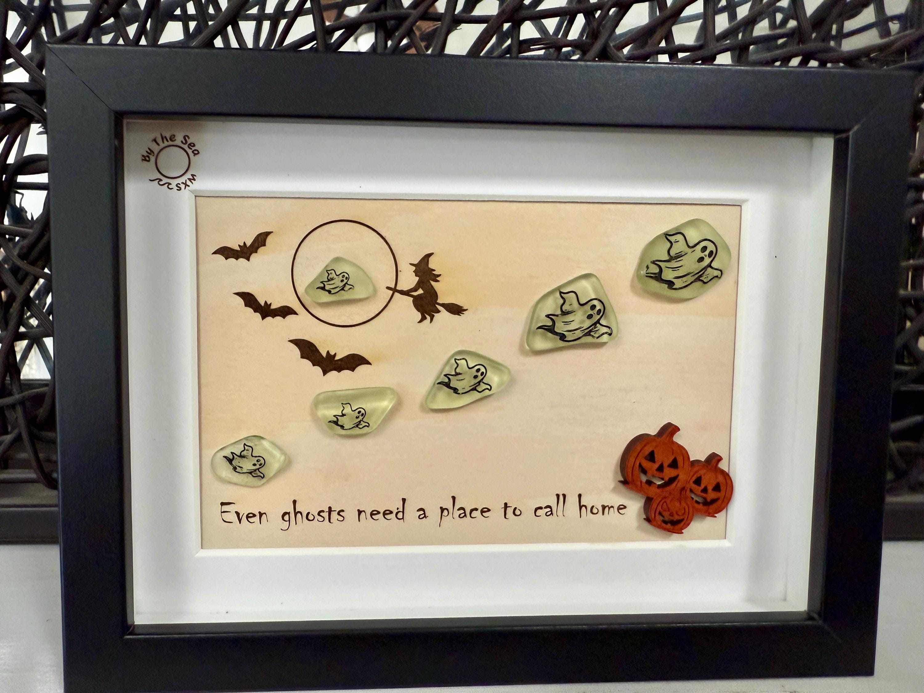 Halloween Sea Glass Ghost Decor, Glow in the Dark Ghost Shadow Box, Spooky Coastal Halloween Decor, Sea Glass Art