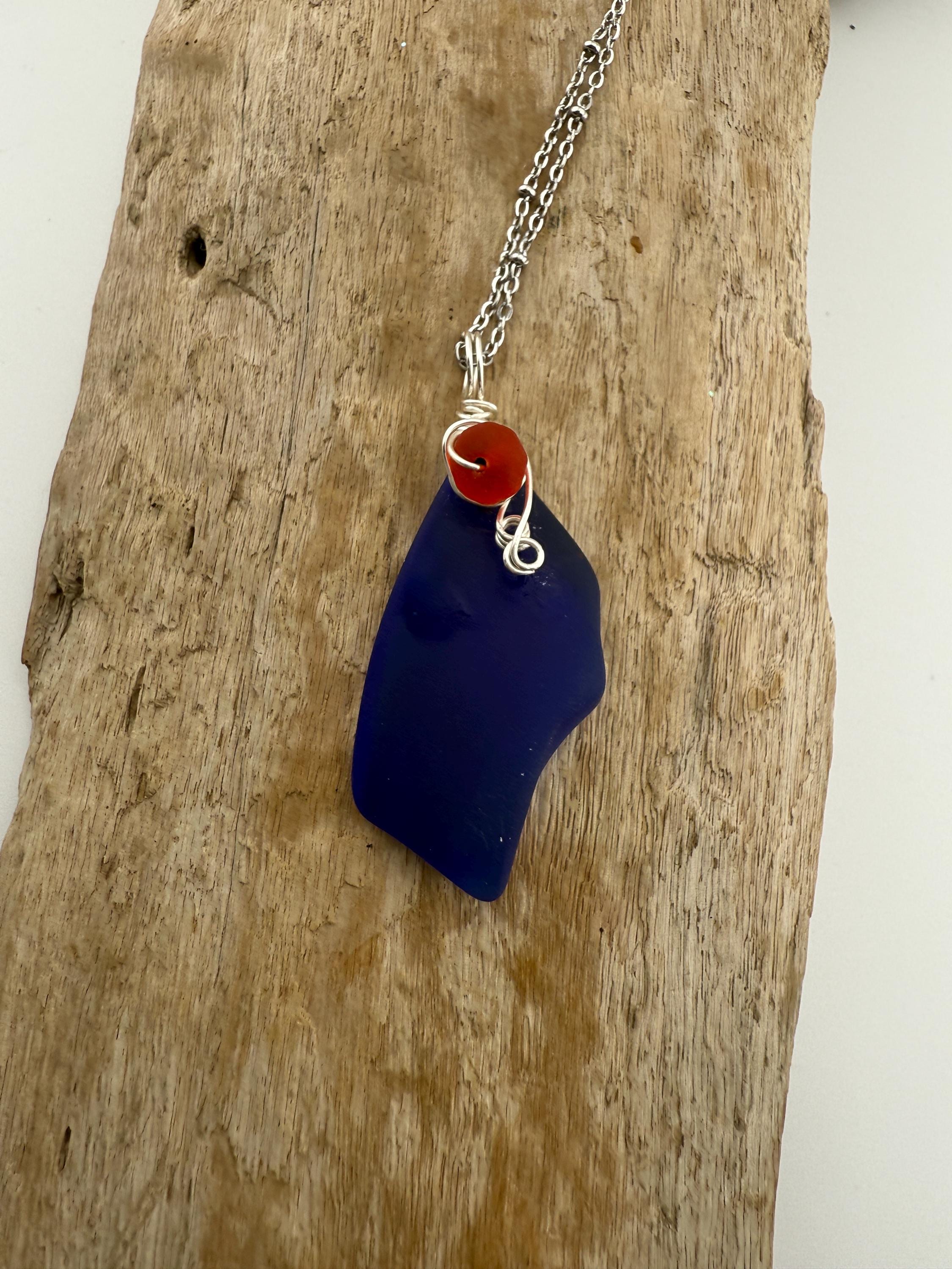 Cobalt Sea Glass Pendant – Caribbean Necklace with Red Glass Bead