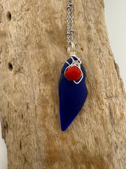 Cobalt Sea Glass Pendant – Caribbean Necklace with Red Glass Bead