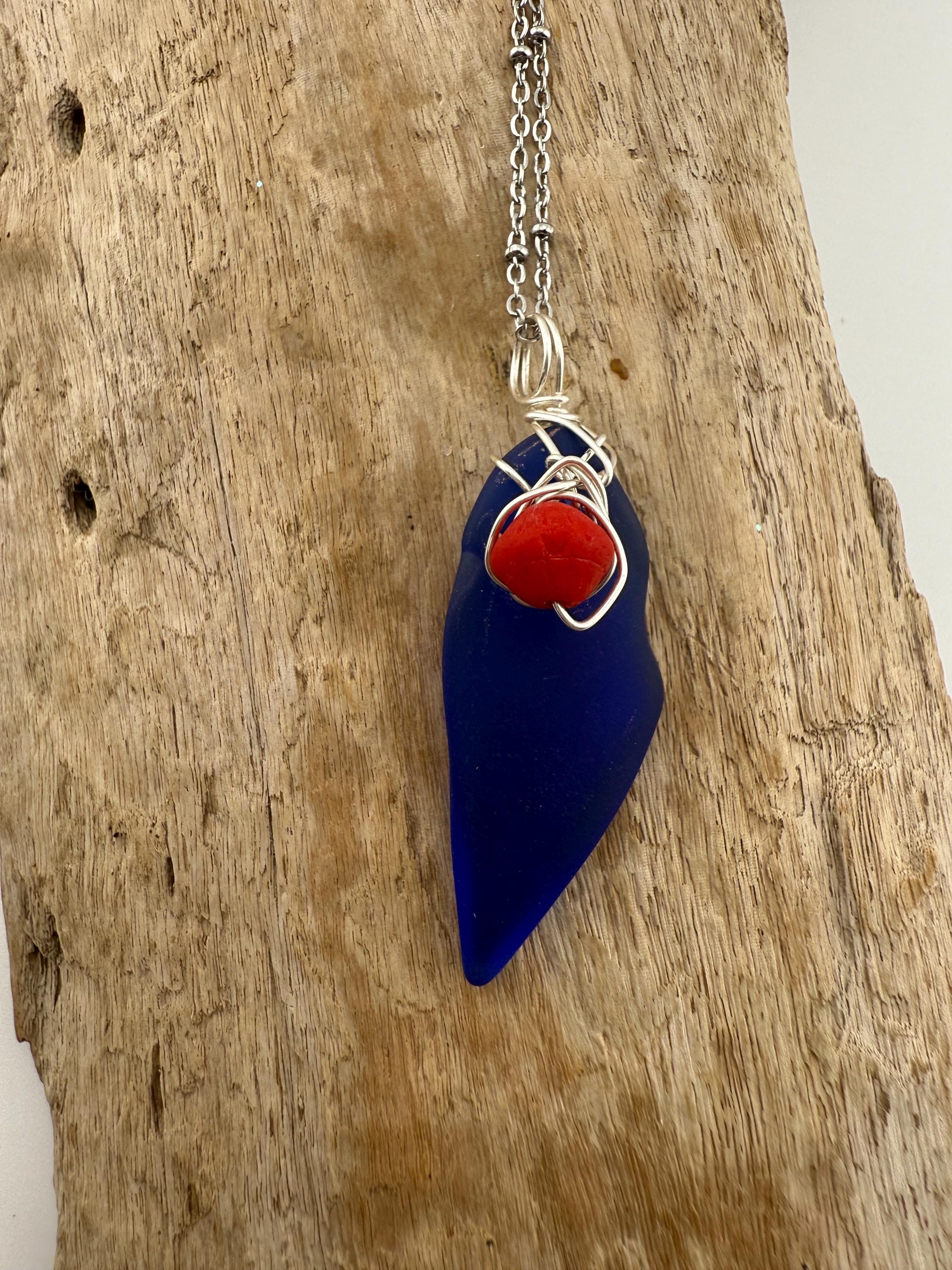 Cobalt Sea Glass Pendant – Caribbean Necklace with Red Glass Bead
