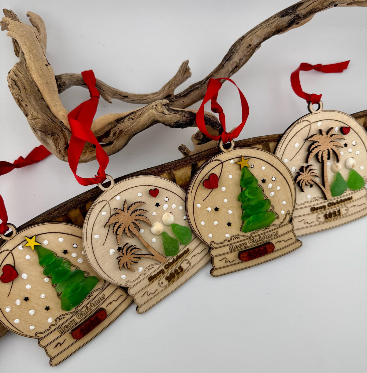 Sea Glass Christmas Ornament 2026 – Handmade Wood Snow Globe, Personalized
