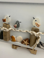 Sea Glass Shorebirds on Driftwood Pier, Handmade Coastal Beach Art, Nautical Wall Decor, NOW Available in 5” x 8” or 5” x 14”