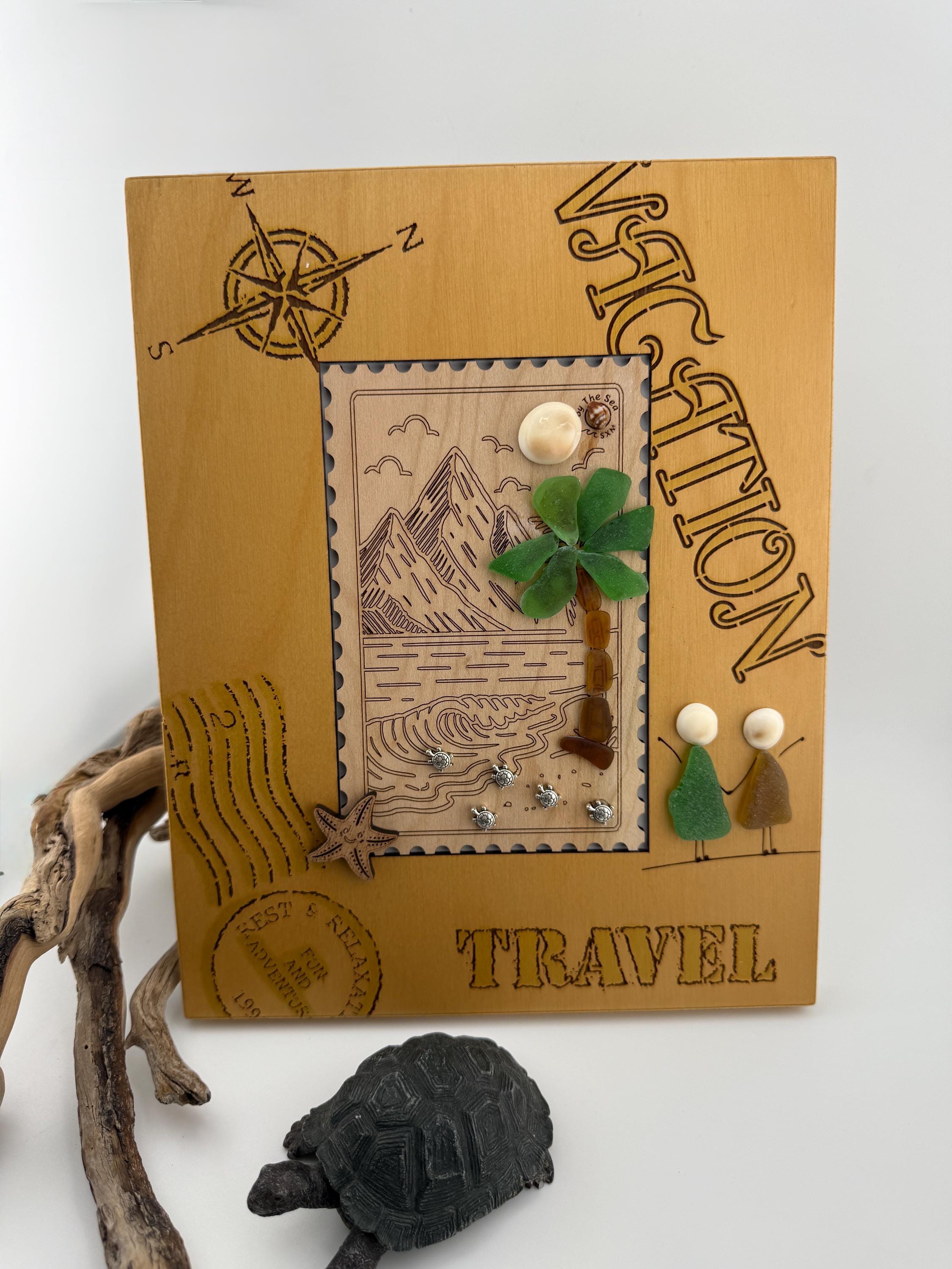 Sea Glass Palm Tree & Turtles Coastal Art - Framed Vintage Travel Scene